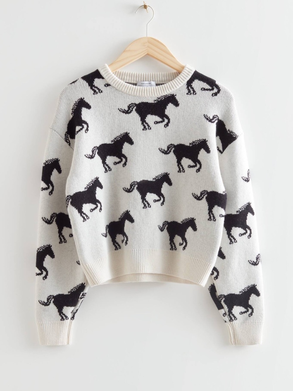 & Other Stories Jacquard Motif Cream Sweater with Black Horse Womens Size Medium